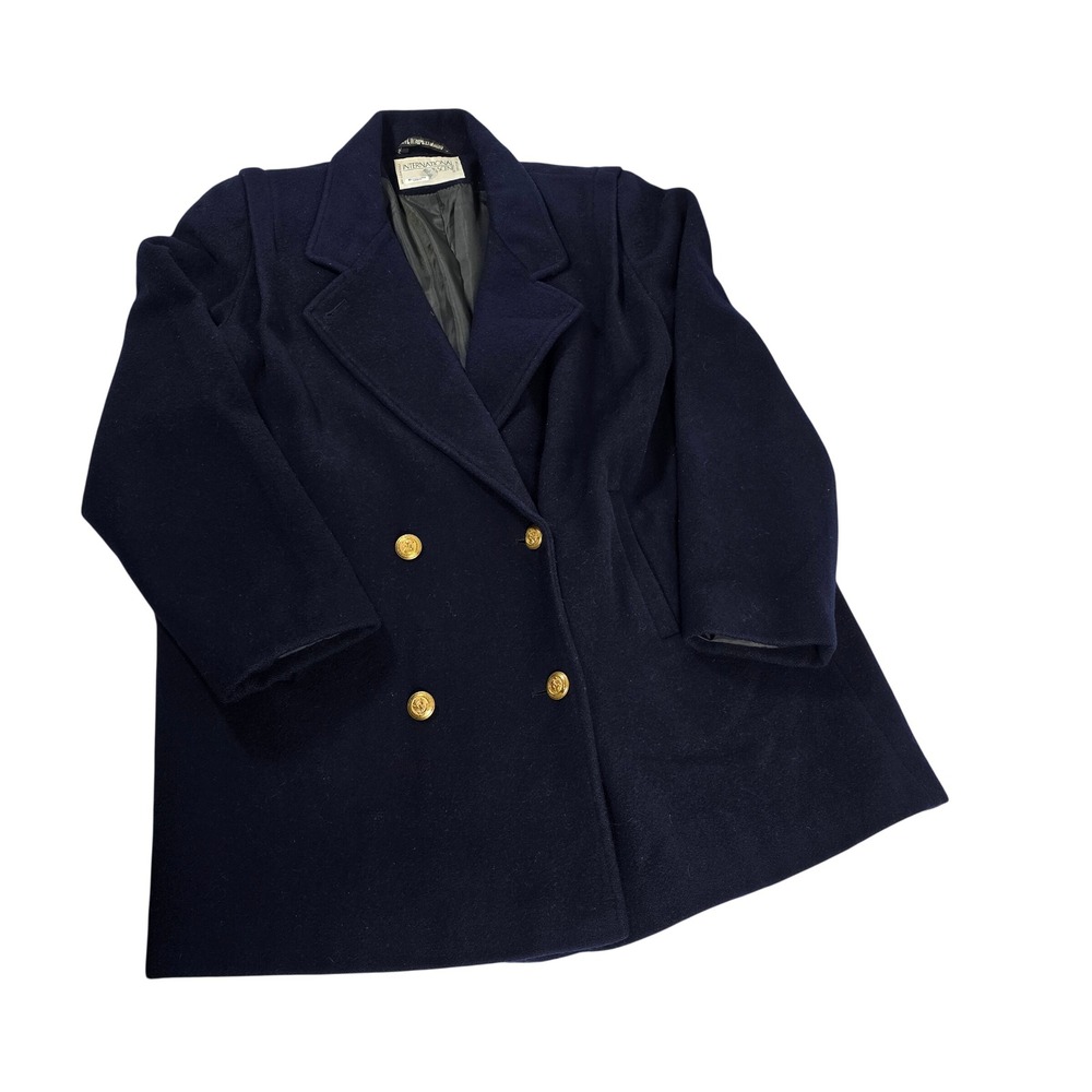 International Scene Wool  Double Breasted Blazer Coat Navy Gold‎ Buttons Women's